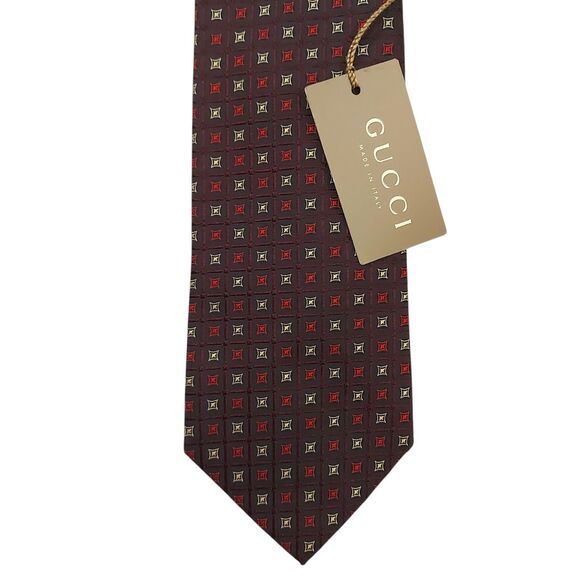 Gucci Tie Mens Red 100% Silk Narrow Geometric Meadow Luxury Designer Italy - Picture 7 of 12